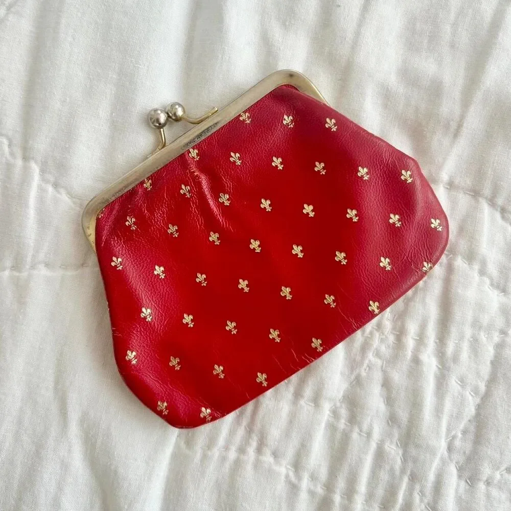 Beautiful Vintage Italian Leather Fleur de Lis Red & Gold Kisslock Coin Purse